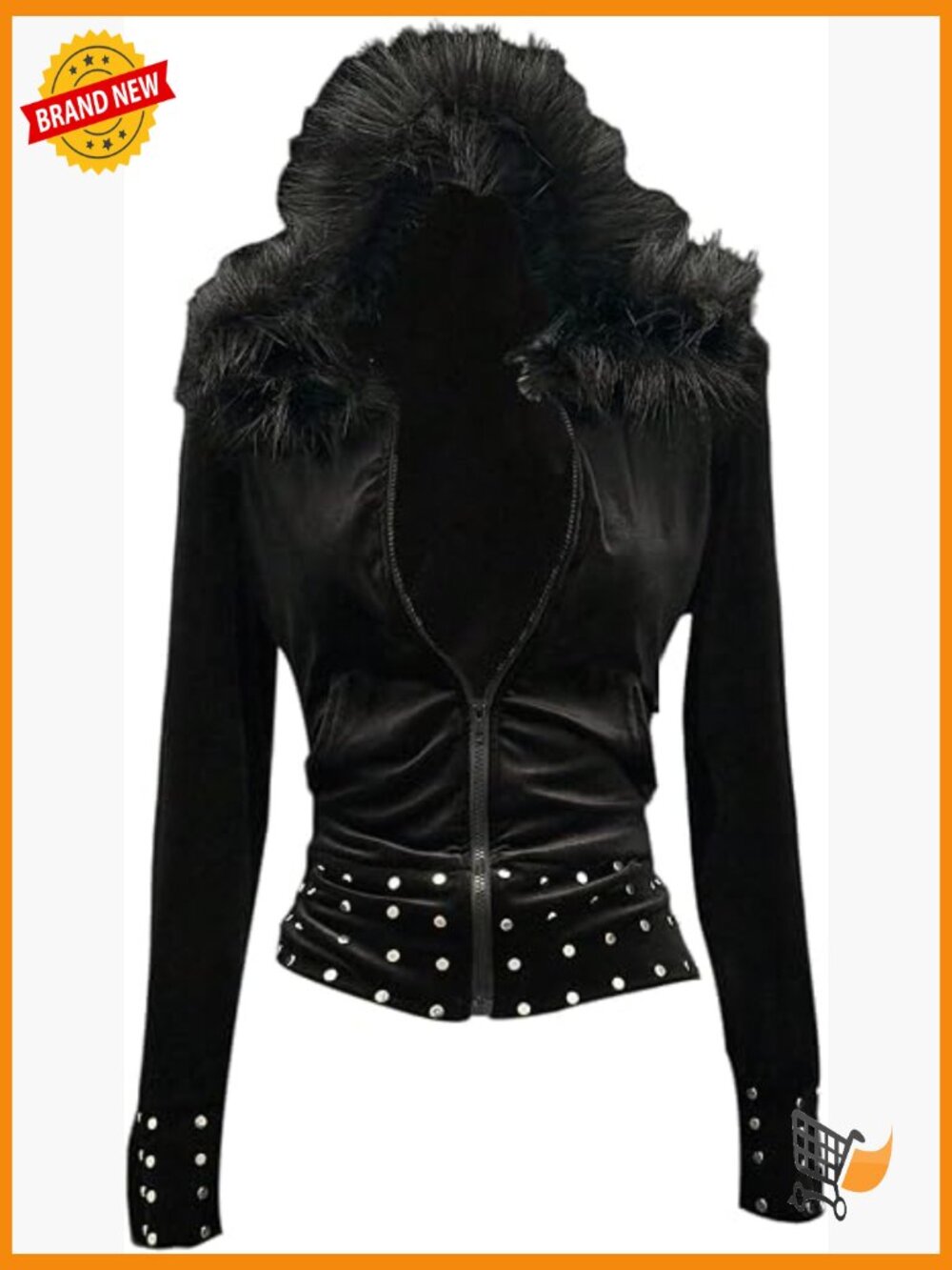 Faux Fur Zip Up Hoodie Studded Long Sleeve Fuzzy Jacket Punk